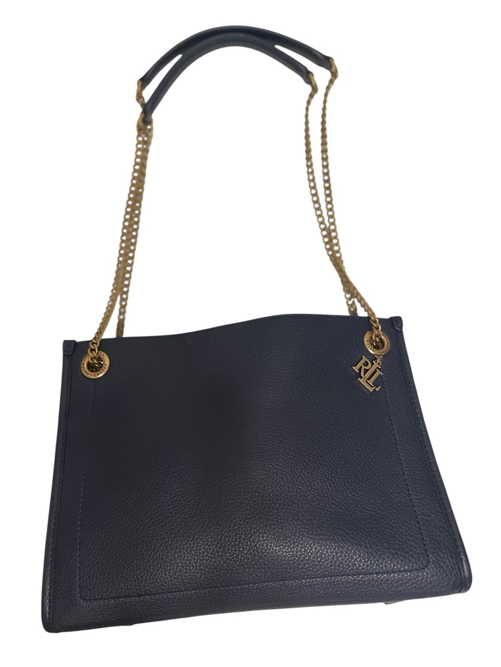 Lauren Ralph Lauren Navy Pebble Leather Chain- Leather Handle RLL Metal Logo
